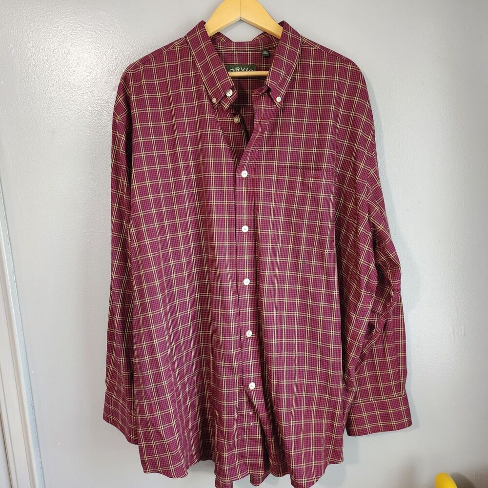 ORVIS Country Twill Button-down Red Plaid Shirt Wrinkle Free Long Sleeve Men XXL